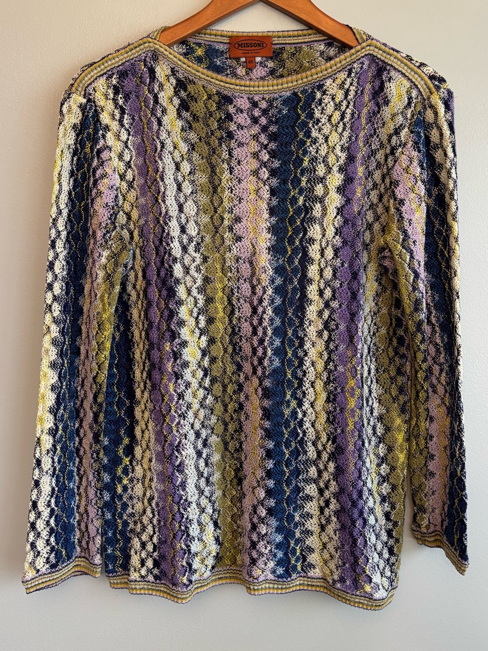 VTG Missoni Long-Sleeve Crochet Knit Top Multicolored Stripe 48 (Sz L/XL)